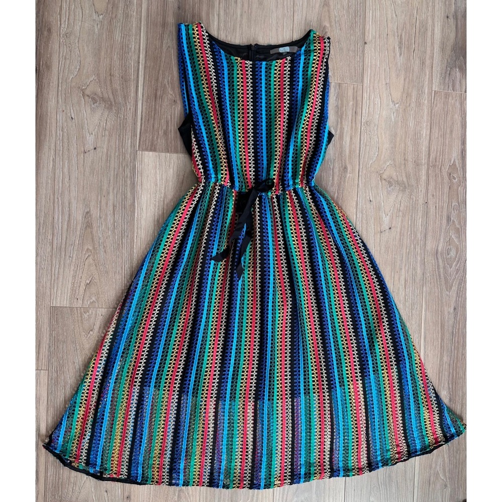 Eva Franco‎ Anthropology Colorful Striped Crochet Lace Midi Sage Dress  Size 12